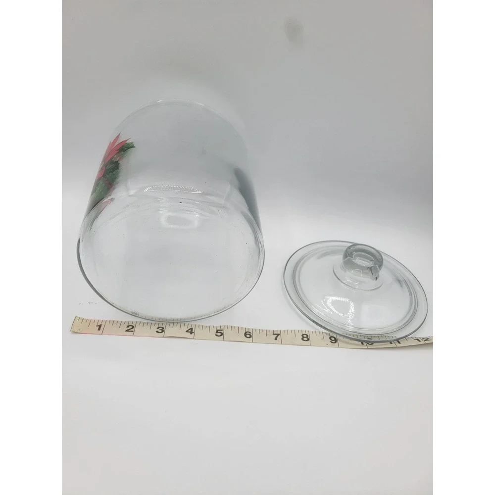 Clear Glass Christmas Poinsettia Canister Jar with Lid Holiday Storage 7in